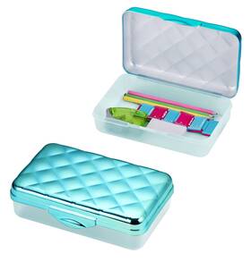 Its Academic 842048034896 Metallic Pencil Case Box Hard Plastic Stylish Quited-pattern Lid Blue