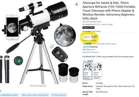 Toyerbee 199284153226 Telescope For Adults And Kids Portable 70mm Aperture Refractor 15x-150x Msrp 59